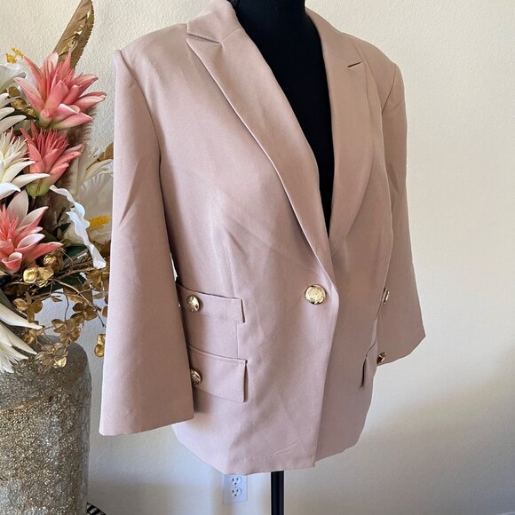 Carole Wren Tan Beige Blazer with Gold Buttons 3/4 Sleeve Career Office Chic XL - Picture 2 of 11